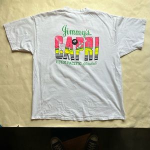 Vintage 80s T-shirt, Hanes Beefy T tag, neon Jimmy Capri screenprint on back